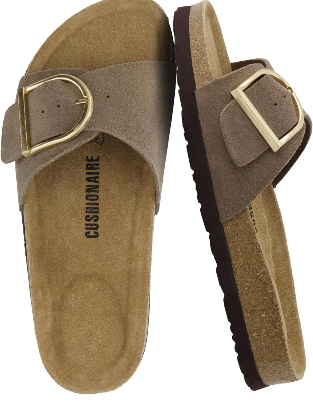 Cushionaire Taupe Buckle Suede Slide Sandals